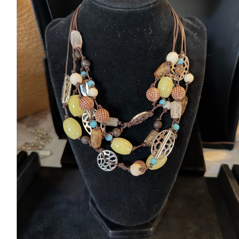 Premier Designs Multi Strand Beaded Necklace Boho Yellow Turquoise Brown